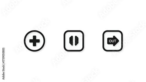 Essential minimalist UI/UX icons: Plus, Pause, and Out symbols for modern digital interface, web, and app design elements.