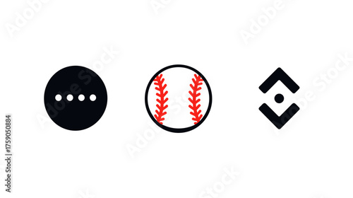 Modern minimalist set of user interface (UI) icons, including a baseball, an ellipsis for 'more options,' and an up-down arrow for sorting or expand/collapse on white background.