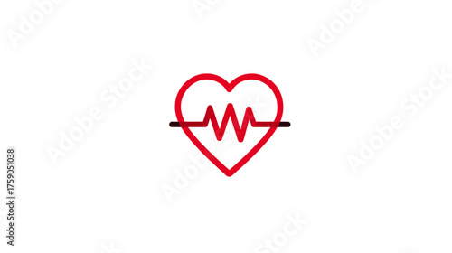 Health and wellness heart icon with pulse line. Red heart outline and black electrocardiogram symbol for medical care and vital signs.