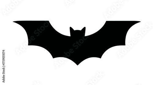 Black flying bat silhouette on white background, a spooky nocturnal animal symbol for Halloween, wildlife, and nature themes