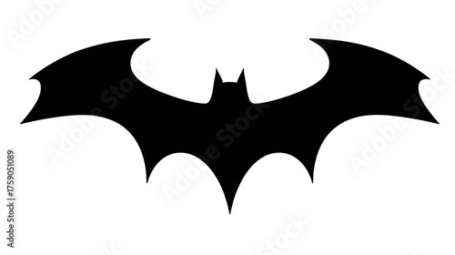 Graphic black bat silhouette icon isolated on white background, minimalist flying nocturnal animal symbol, spooky design element.