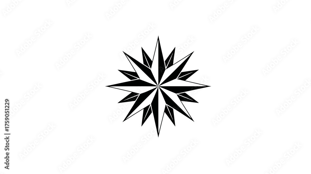 Obraz premium Vector illustration of a black and white intricate multi-pointed starburst symbol on a clean white background. Abstract graphic design element.