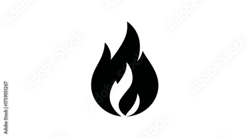 Black flame icon on white background, simple fire symbol for heat, energy, danger, cooking, or warning graphic design element.