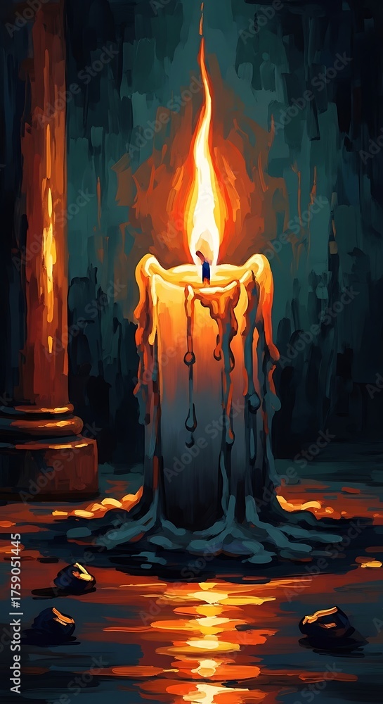 Fototapeta premium Melting Candle Illuminating Ancient Chamber in Pixel Art Style
