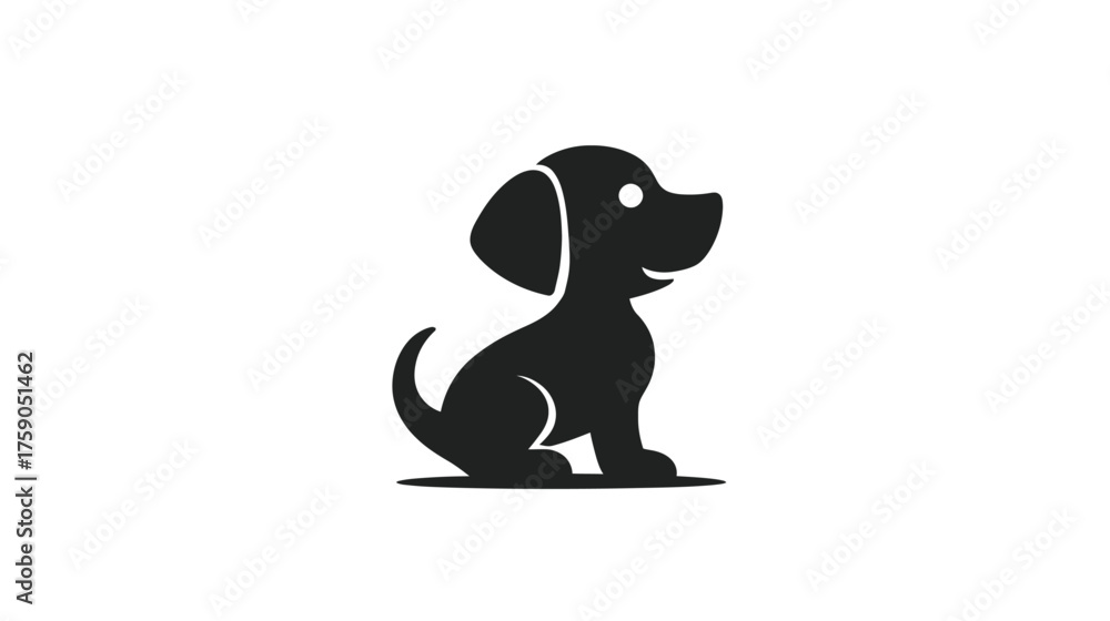 Obraz premium Minimalist black silhouette vector illustration of a cute sitting puppy dog, pet animal graphic design icon on white background
