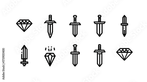 Minimalist line art icon set featuring swords, daggers, and shining diamonds. Vector illustration for game assets, app UI, and fantasy design.
