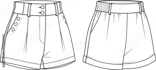 High waist and elastic shorts flat sketch, button detail, cuffed hem, fashion cad drawing, technical garment vector illustration