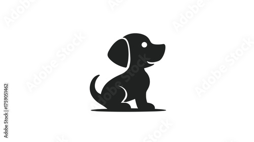 Minimalist black silhouette vector illustration of a cute sitting puppy dog, pet animal graphic design icon on white background