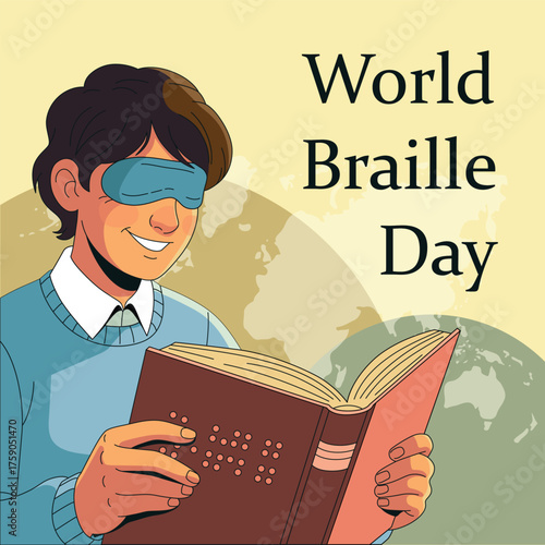 World Braille Day January 4th Illustration with Blind Person Reading a Book