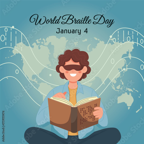 World Braille Day January 4th Illustration with Blind Person Reading a Book