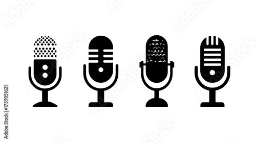 Set of vintage and modern microphone icons. Black silhouettes of audio recording devices, perfect for podcasting, broadcasting, and communication design.
