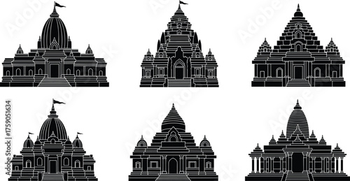 Hindu temple silhouette vector set, Indian religious architecture icons, sacred shrine illustration, cultural heritage graphic, editable black temple design, spiritual landmark art