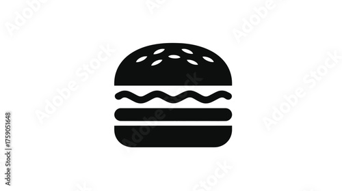 Generic Black Silhouette Burger Icon with Sesame Seed Bun on a Clean White Background, Ideal for Food Service Design and Mobile Apps