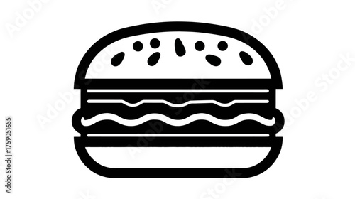 Outline burger icon with sesame seeds, fast food sandwich graphic, minimalist vector illustration, simple design element