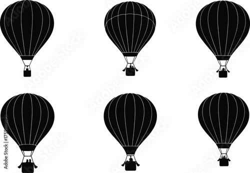 Hot air balloon silhouette set, various designs, aerial travel, vintage aviation, outdoor adventure, sky exploration, vector illustration for stock content