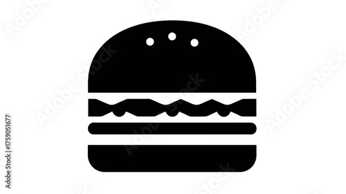Black minimalist hamburger icon, fast food graphic, isolated vector illustration of a burger with bun, patty, and layers, simple silhouette design.