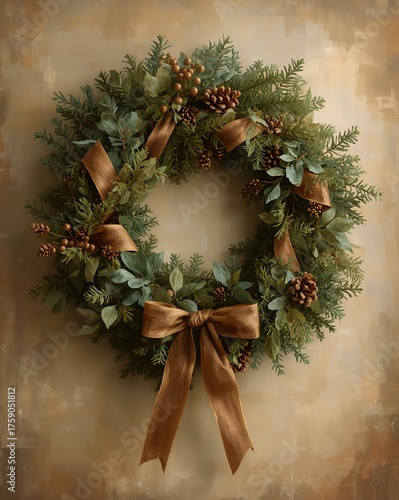 a detailed shot of a decorative wreath, adorned with brown ribbons and berries, hanging against a textured background, evoking a sense of seasonal beauty and festive charm