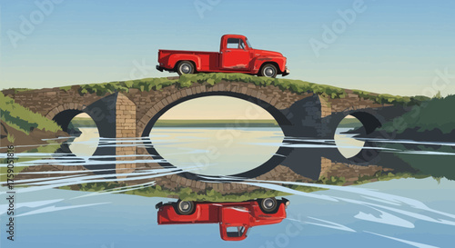 Vintage red pickup truck crossing an old stone bridge reflection scenery