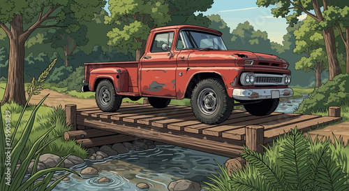 Vintage red pickup truck crossing an old wooden bridge in a forest scene