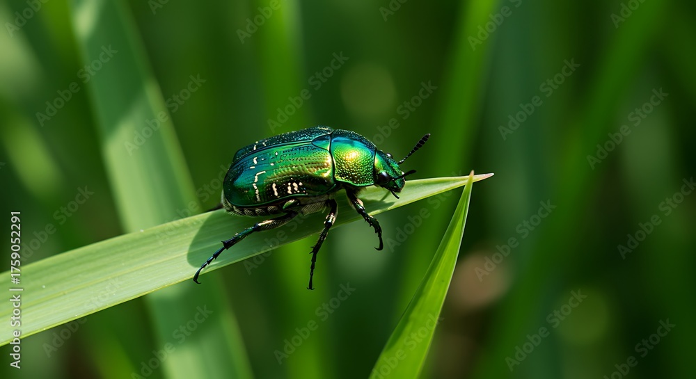 Fototapeta premium Shiny green beetle on blade of grass with sunlight and copy space