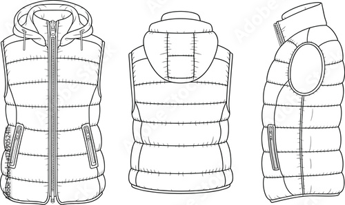 Padded sleeveless vest, hooded winter gilet, technical fashion sketch, garment flat drawing, quilted outerwear, CAD vector illustration, apparel design