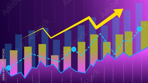 A dynamic, colorful graph featuring tall bars, a rising yellow line, and a blue dashed trend over a purple gradient backdrop. Conveys growth, market momentum, analytics, and data visualization.