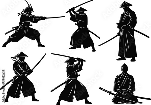 Samurai warrior silhouette vector, katana sword poses, Japanese martial arts illustration, traditional costume, combat stance, bushido spirit, historical Japan culture