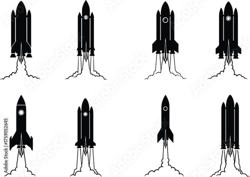 Rocket launch silhouettes with flames and smoke, various booster designs, minimalist vector illustration for space, aerospace, technology, science, and educational content