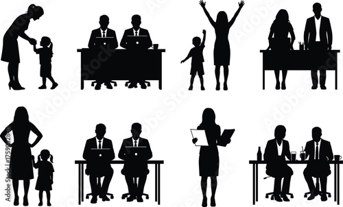 Silhouettes of adults and children in diverse professional and family scenes, teamwork, parenting, communication, celebration, office interaction, black vector illustration set