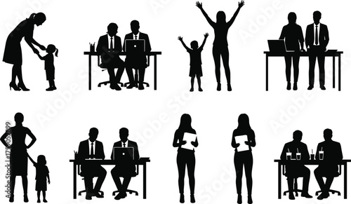 Silhouettes of adults and children in professional and family scenes, workplace interaction, parenting moments, teamwork, communication, black vector illustration set