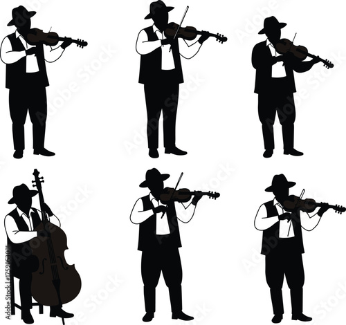 String musician silhouette set, traditional folk performers with violin and double bass, cultural attire, music vector illustration, ensemble playing poses