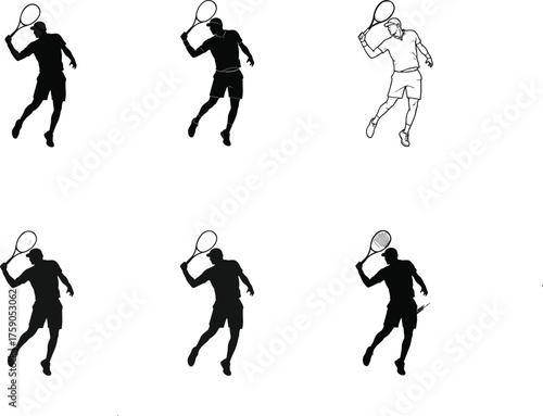 Tennis player silhouette, male athlete serve pose, sports action vector, black outline illustration, dynamic movement, racket swing, competitive match concept