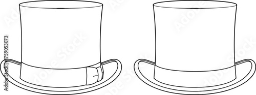 Top hat silhouette, vintage formal headwear styles, buckle and plain band comparison, fashion accessory icon, black line art, vector illustration