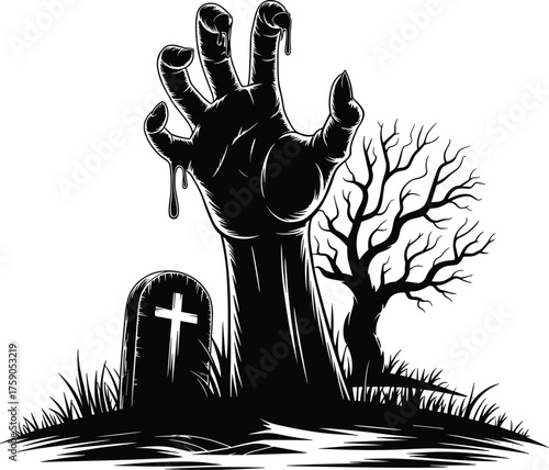 Zombie hand rising from grave, horror graveyard scene, undead monster illustration, spooky Halloween vector, gothic cemetery art, eerie night concept