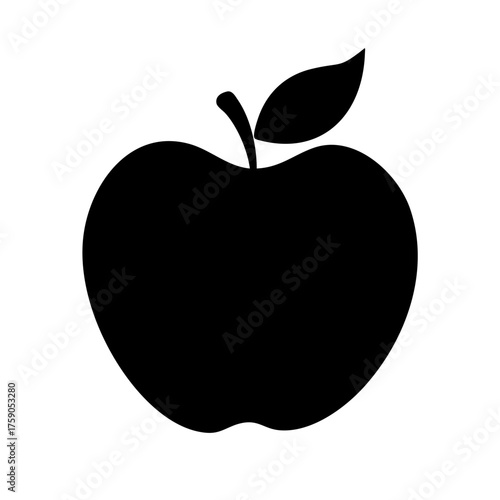 Illustration of a black apple with a leaf, simple and clean design, fresh and healthy fruit