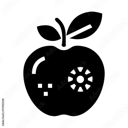 Illustration of a black apple with a leaf and some spots, simple and clean design