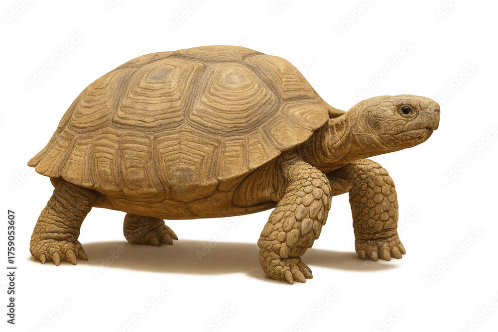 Obraz premium African spurred tortoise standing, looking right, with textured shell, isolated on transparent background