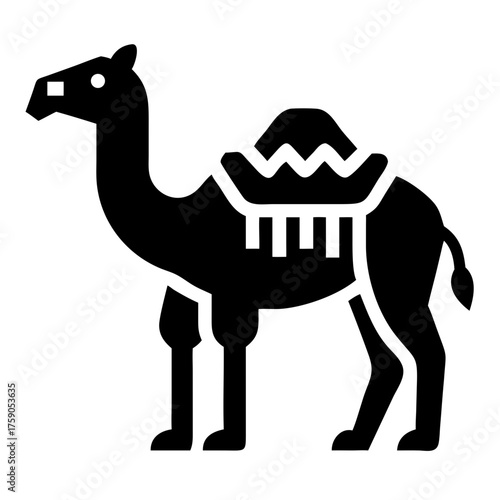 Illustration of a camel with a saddle, a symbol of desert travel and endurance