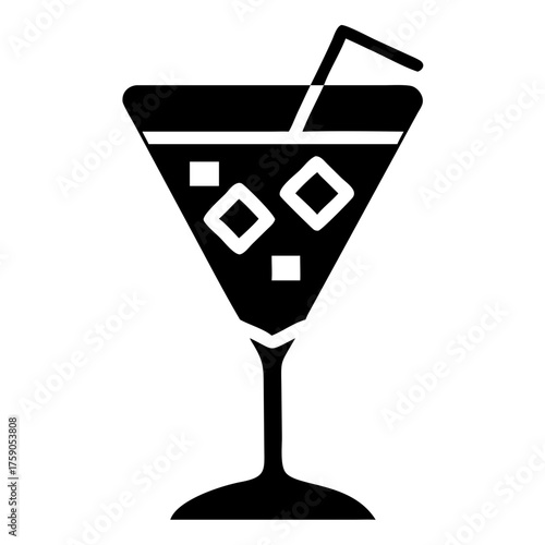Vector art of martini glass with ice cubes and a straw, a classic cocktail icon design