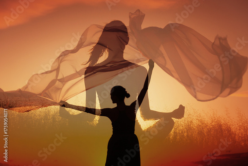 Meditation and Empowerment Double Exposure at Sunset, Woman meditating overlaid with a happy joyful figure holding cloth in the wind, creating a sense of freedom, mindfulness, and energy	