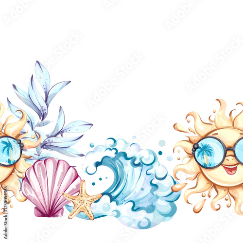 Vibrant summer seamless pattern featuring sun, waves, seashells, and tropical elements as a cheerful background or wallpaper design for festive occasions