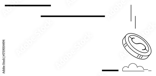 Single coin moving downward amidst clean abstract lines, signifying investment, savings, risk, economy, finance, growth, opportunity. Ideal for finance themes minimal design and a simple flat