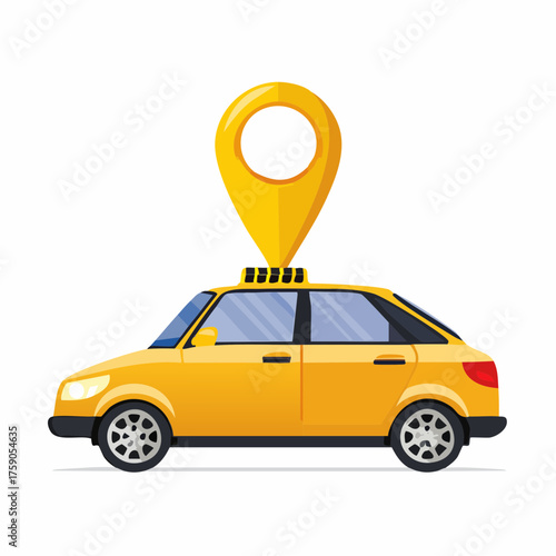 A bright yellow taxi cab with a location marker on a white background representing mobility