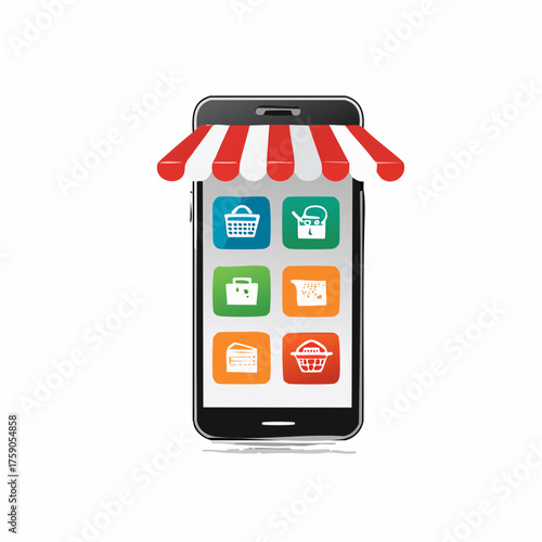 A digital storefront concept presented on a smartphone featuring various shopping icons
