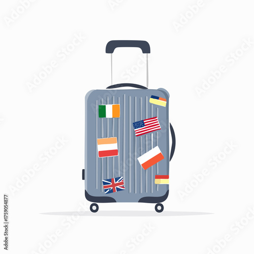 A fully packed travel suitcase adorned with various national flags representing global adventures