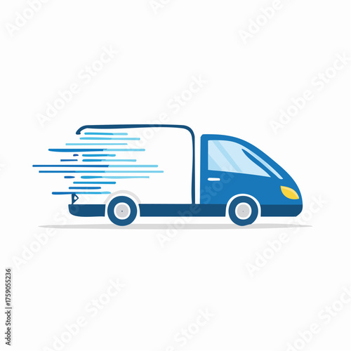 A stylized illustration of a rapidly moving delivery truck transporting goods on a white background