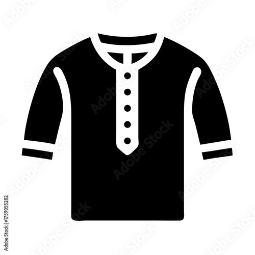 Illustration of a black kurta with a round neckline and buttoned placket