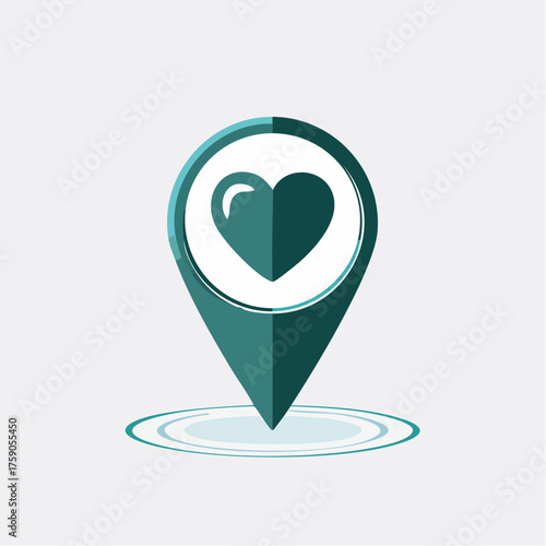 A teal heart symbol within a location marker representing love and connections worldwide