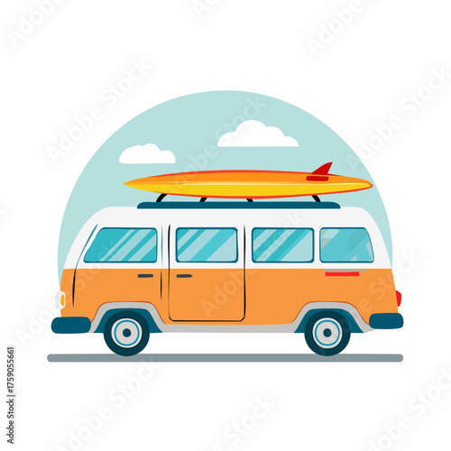 A vibrant illustration of a vintage van with a surfboard, evoking summer travel and adventure