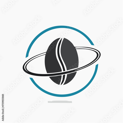 Abstract coffee bean emblem featuring orbital rings within a circular blue graphic